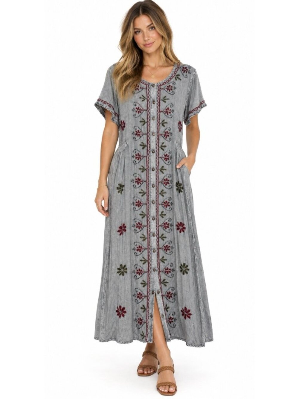 S.R. Fashion Embroidered Maxi Dress XXL Grey Button Front Boho Cottagecore